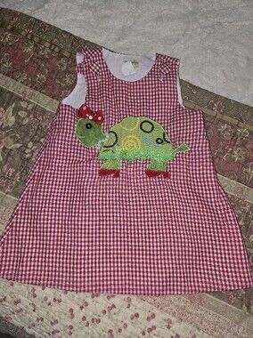 Little Girls Red Gingham Dress with Green Turtle Appliqué